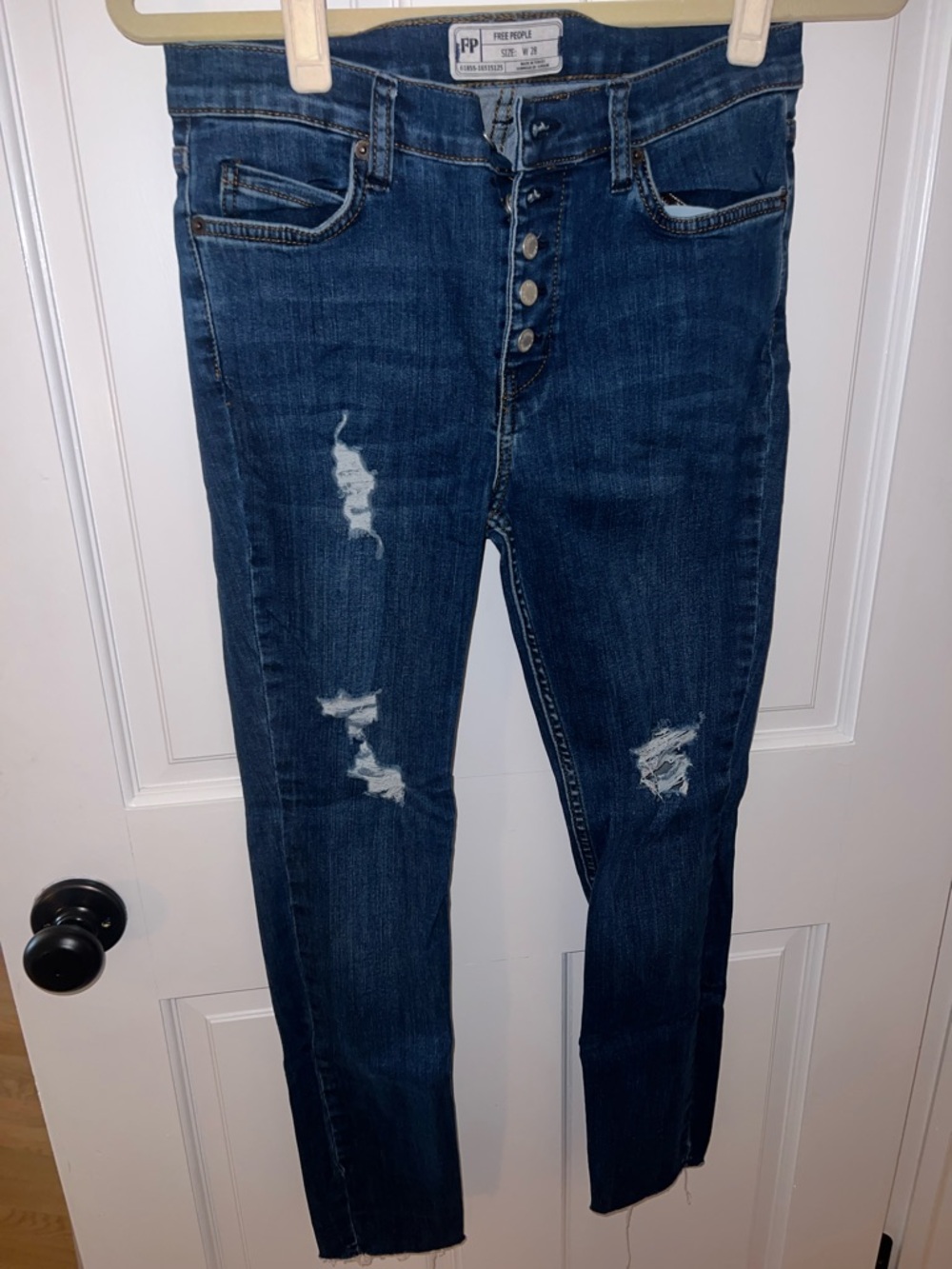Free People Dark Blue Skinny Distressed Button-Fly Jeans